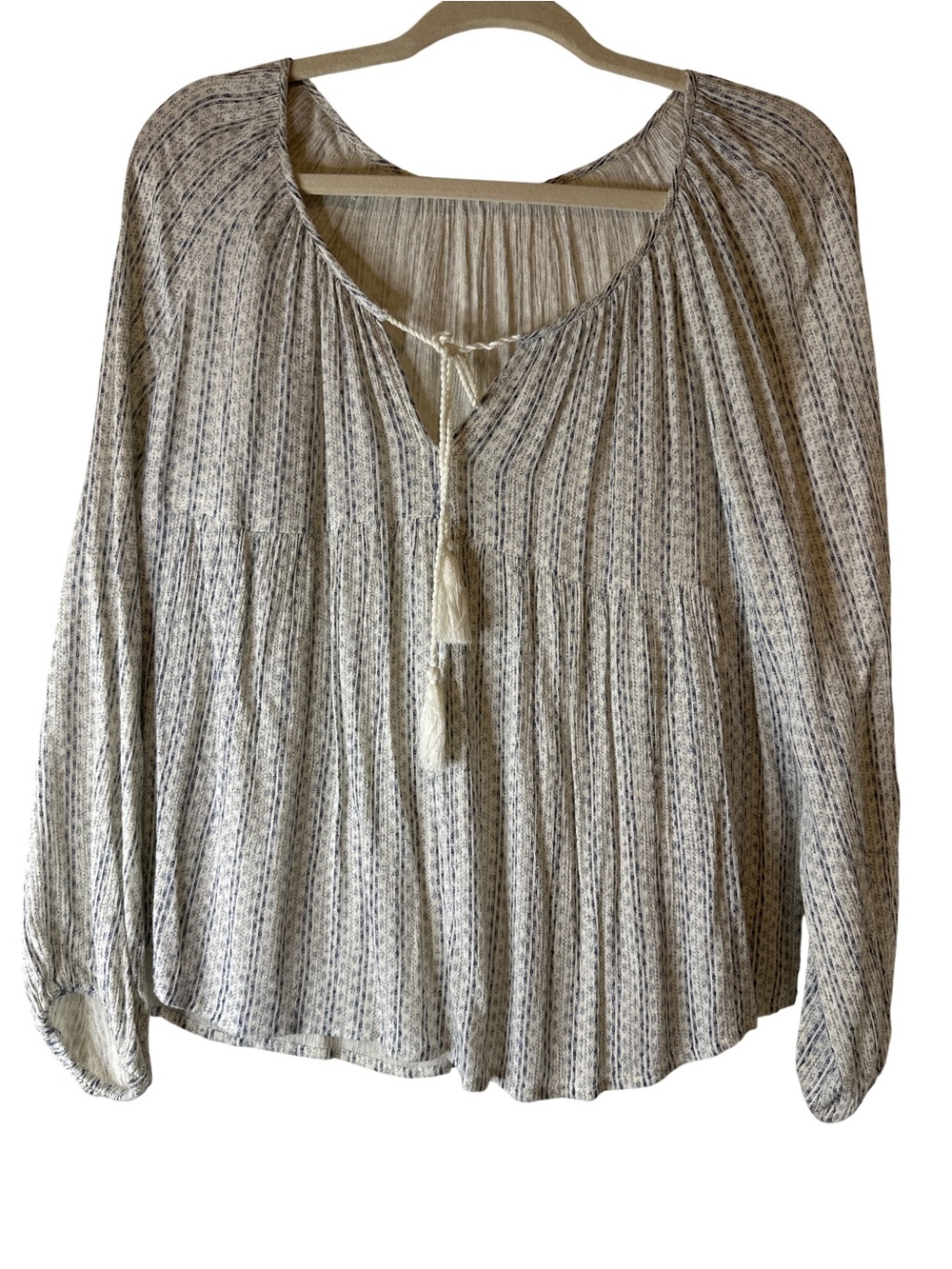 Boho Peasant Tie-Front Blouse in Blue & White, size M